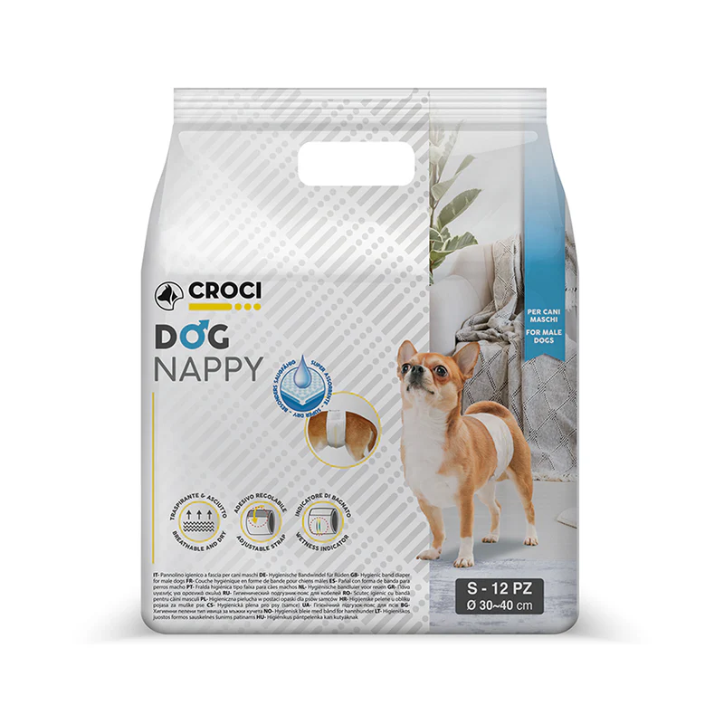Scutece - Banda incontineta urinara pentru caini Croci Dog Nappy, Mascul, S, 30-40 cm, 12 bucati