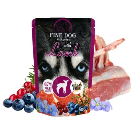 Hrană umedă - Hrana umeda pentru caini Fine Dog, cu Miel, Afine si Merisoare, Grain Free, 500g