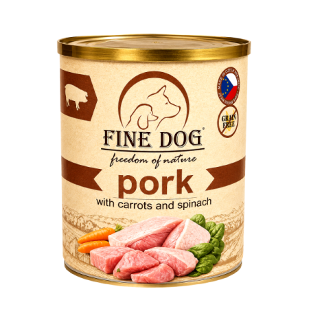 Hrană umedă - Hrana umeda pentru caini Fine Dog, Porc, morcorvi si spanac, Grain Free, 800g