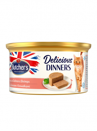 Hrană umedă - Hrana umeda pentru pisici Butcher's Delicious Dinner, Somon si creveti, 85g