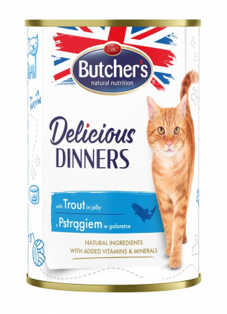 Hrană umedă - Hrana umeda pentru pisici Butcher's Delicious Dinners, Pastrav in aspic, 400g