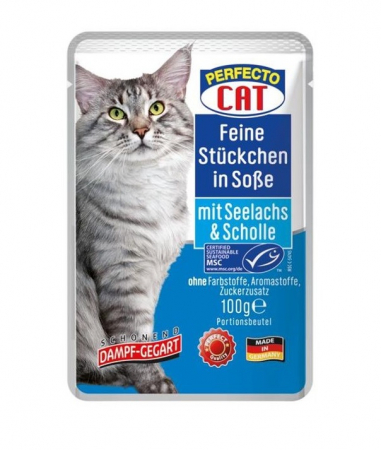 Pisici - Hrana umeda pentru pisici Perfecto Cat, Somon si platica, 100g
