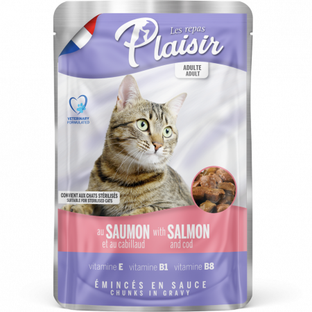 Pisici - Hrana umeda pentru pisici Plaisir, Sterilizat, Somon si cod, 100g