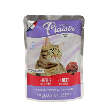 Hrana umeda pentru pisici, Plaisir, cu vita, pentru pisici adulte si sterilizate, 100 g, [0]