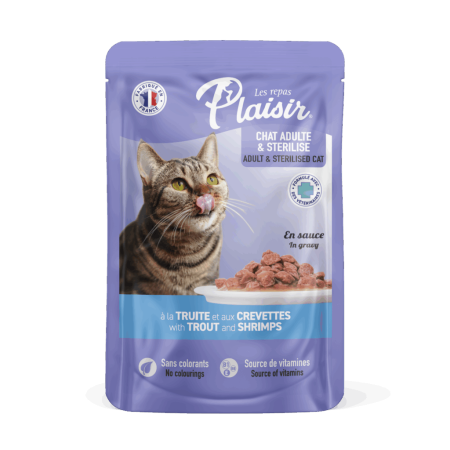 Hrană umedă - Hrana umeda pentru pisici Plaisir, Sterilizat, Pastrav si creveti, 100g