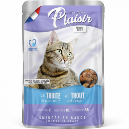 Pisici - Hrana umeda pentru pisici Plaisir, Sterilizat, Pastrav si creveti, 22 x 100g