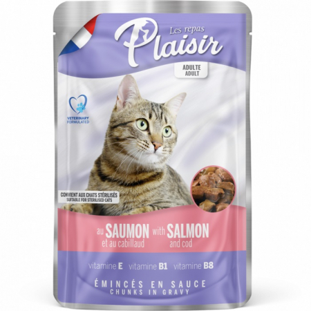 Pisici - Hrana umeda pentru pisici Plaisir, Sterilizat, Somon si cod, 22 x 100g