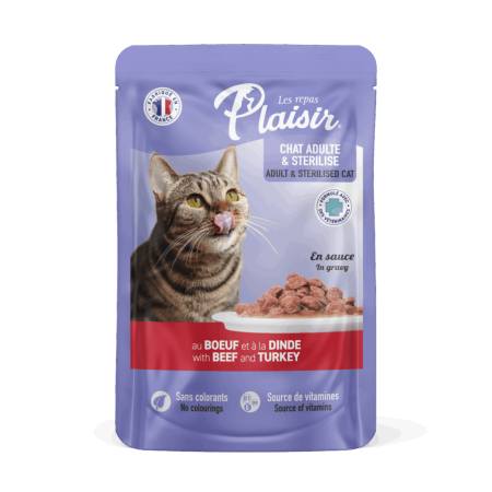 Hrană umedă - Hrana umeda pentru pisici Plaisir, Sterilizat, Vita si curcan, 100g