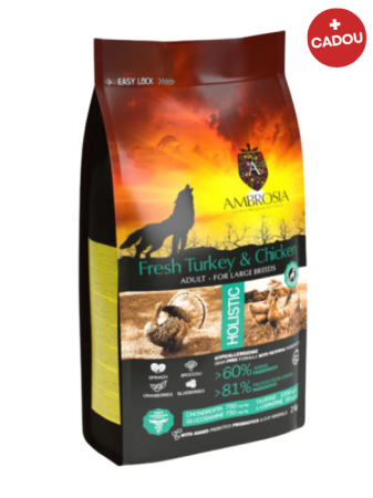 Hrană uscată - Hrana uscata pentru caini Ambrosia Adult, Curcan proaspat si pui, hipoalergenic, fara cereale, 12kg