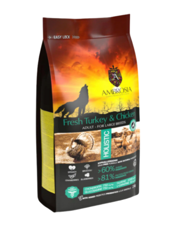 Hrană uscată - Hrana uscata pentru caini Ambrosia Adult, Curcan proaspat si pui, hipoalergenic, fara cereale, 12kg