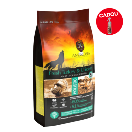 Hrană uscată - Hrana uscata pentru caini Ambrosia Adult, Curcan proaspat si pui, hipoalergenic, fara cereale, 12kg