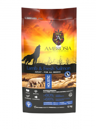 Hrana uscata pentru caini Ambrosia Adult, Miel si somon, hipoalergenic, fara cereale, 12kg [2]