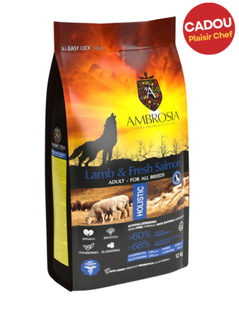 Hrană uscată - Hrana uscata pentru caini Ambrosia Adult, Miel si somon, hipoalergenic, fara cereale, 12kg