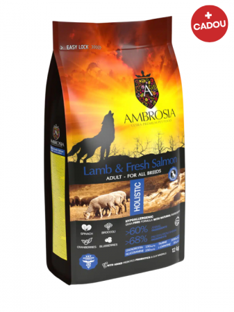 Hrană uscată - Hrana uscata pentru caini Ambrosia Adult, Miel si somon, hipoalergenic, fara cereale, 12kg