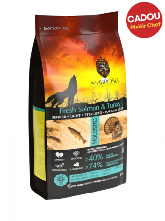 Câini - Hrana uscata pentru caini Ambrosia Adult Mini Senior Steril, Somon si curcan, hipoalergenic, fara cereale, 1.5kg