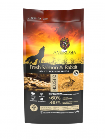 Hrana uscata pentru caini Ambrosia Adult Mini, Somon si iepure, hipoalergenic, fara cereale, 1.5kg [2]