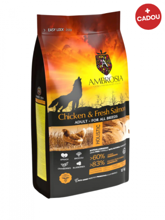 Hrană uscată - Hrana uscata pentru caini Ambrosia Adult, Pui si somon, hipoalergenic, fara cereale, 12 Kg