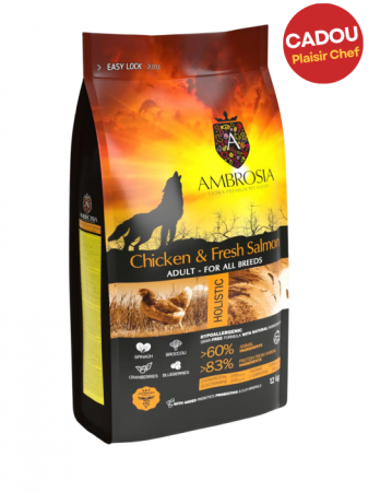 Hrană uscată - Hrana uscata pentru caini Ambrosia Adult, Pui si somon, hipoalergenic, fara cereale, 12 Kg