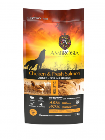 Hrana uscata pentru caini Ambrosia Adult, Pui si somon, hipoalergenic, fara cereale, 2 Kg [2]