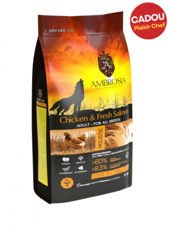 Câini - Hrana uscata pentru caini Ambrosia Adult, Pui si somon, hipoalergenic, fara cereale, 2 Kg