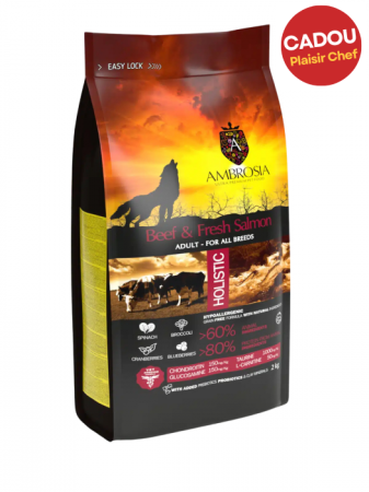 Câini - Hrana uscata pentru caini Ambrosia Adult, Vita si somon, hipoalergenic, fara cereale, 2kg