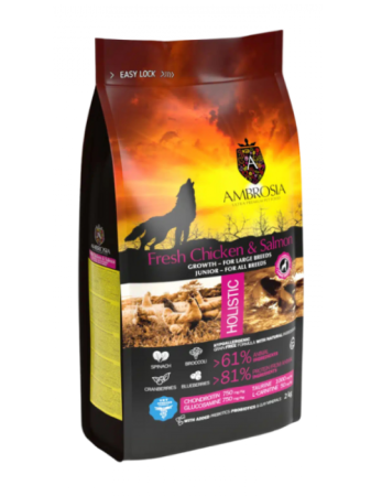 Hrană uscată - Hrana uscata pentru caini Ambrosia Junior, Pui proaspat si somon, hipoalergenic, fara cereale, 12kg