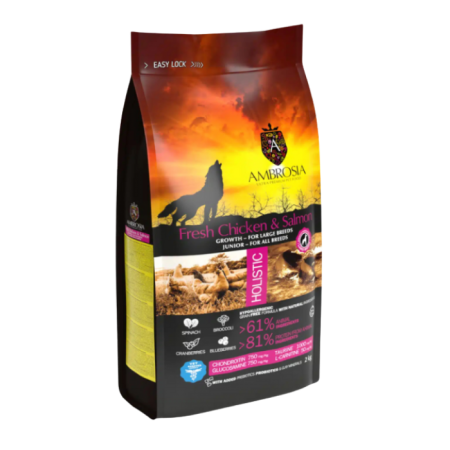 Hrana uscata pentru caini Ambrosia Junior, Pui proaspat si somon, hipoalergenic, fara cereale, 12kg [0]