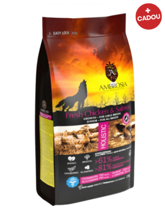 Hrană uscată - Hrana uscata pentru caini Ambrosia Junior, Pui proaspat si somon, hipoalergenic, fara cereale, 12kg