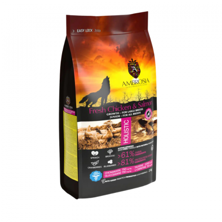 Hrana uscata pentru caini Ambrosia Junior, Pui proaspat si somon, hipoalergenic, fara cereale, 12kg [1]