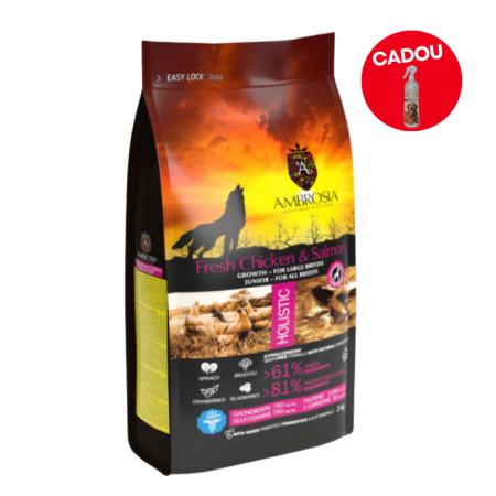Hrana uscata pentru caini Ambrosia Junior, Pui proaspat si somon, hipoalergenic, fara cereale, 12kg [0]