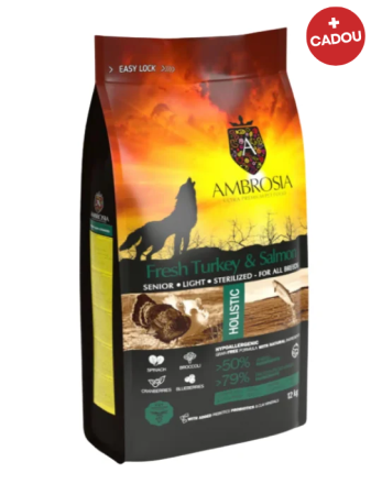 Hrană uscată - Hrana uscata pentru caini Ambrosia Senior Sterilized, Curcan proaspat si somon, hipoalergenic, fara cereale, 12kg
