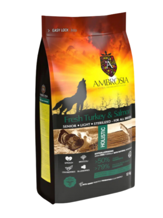 Hrană uscată - Hrana uscata pentru caini Ambrosia Senior Sterilized, Curcan proaspat si somon, hipoalergenic, fara cereale, 12kg