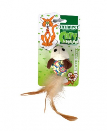 Jucării - Jucarie pentru pisici Tatrapet Caty Natural, soarece textil cu pene si catnip, 5 cm
