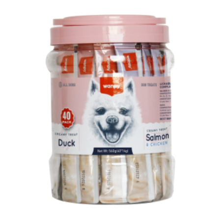 Câini - Recompensa cremoasa pentru caini Wanpy Creamy, cu Somon, pui si rata, 40 x 14g - Copie