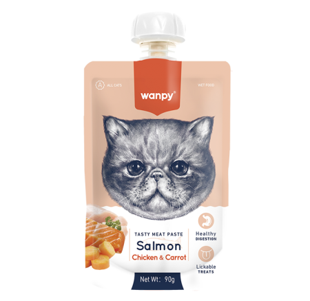 Recompense - Recompensa cremoasa pentru pisici Wanpy Tasty Meat, cu Somon, pui si morcov, 90g