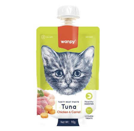 Recompense - Recompensa cremoasa pentru pisici Wanpy Tasty Meat, cu Ton, pui si morcov, 90g