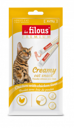 Produse cu valabilitate redusă - Recompense cremoase pentru pisici Les Filous, Pui si ficat de pui, 4 x 15g (12 bucati)