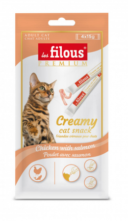 Produse cu valabilitate redusă - Recompense cremoase pentru pisici Les Filous, Pui si somon, 4 x 15g (12 bucati)