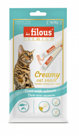 Produse cu valabilitate redusa - Recompense cremoase pentru pisici Les Filous, Ton si somon, 4 x 15g (12 bucati)