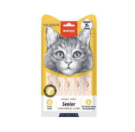 Recompense - Recompense cremoase pentru pisici sterilizate Wanpy Senior 7+, cu Pui si ficat, Grain Free, 5 x 14g