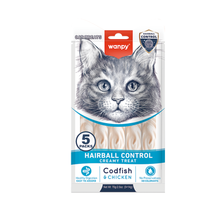 Recompense cremoase pentru pisici Wanpy Functional Hairball Control, cu Cod si pui, 5 x 14g [0]
