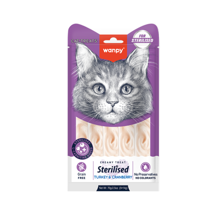 Recompense - Recompense cremoase pentru pisici sterilizate Wanpy, cu Curcan si merisoare, Grain Free, 5 x 14g