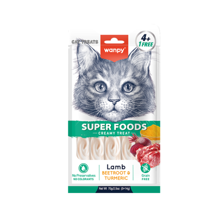 Recompense - Recompense cremoase pentru pisici Wanpy Superfoods, cu Miel, sfecla rosie si turmeric, Grain Free, 5 x 14g