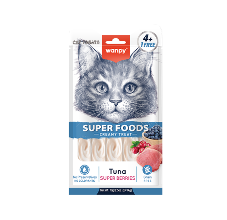 Recompense - Recompense cremoase pentru pisici Wanpy Superfoods, cu Ton si fructe de padure, 5 x 14g