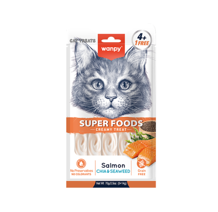 Recompense - Recompense cremoase pentru pisici Wanpy Superfoods, cu Somon, seminte de chia si alge marine, Grain Free, 5 x 14g