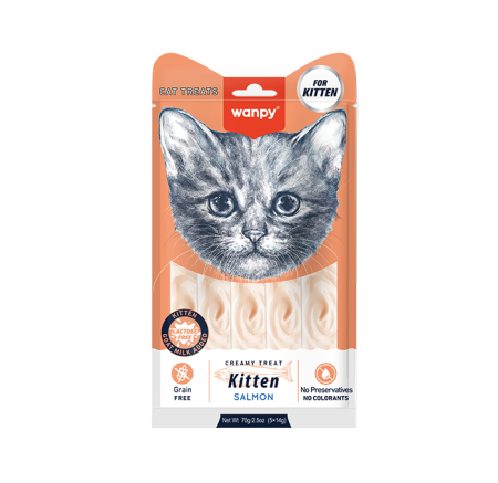 Recompense - Recompense cremoase pentru pisici Wanpy Kitten, cu Somon, Grain Free, 5 x 14g
