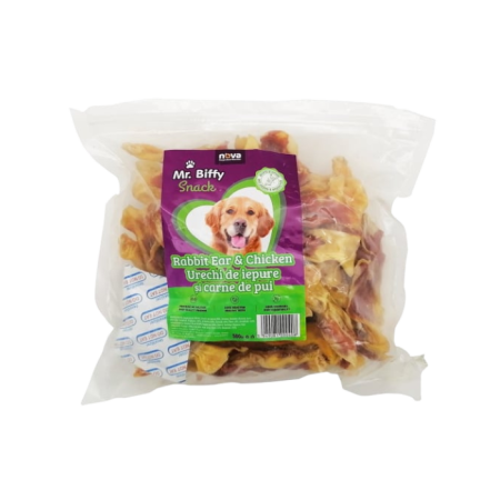 Recompense pentru caini Mr. Biffy, urechi de iepure si carne de pui, 500g [0]