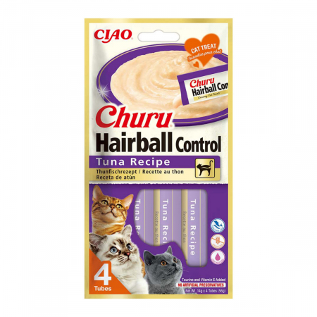 Recompense - Recompense pentru pisici Inaba Ciao Churu Hairball Control, Piure, Ton, 4 x 14g