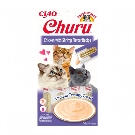 Recompense - Recompense pentru pisici Inaba Ciao Churu, Piure, Pui si creveti, 4 x 14g