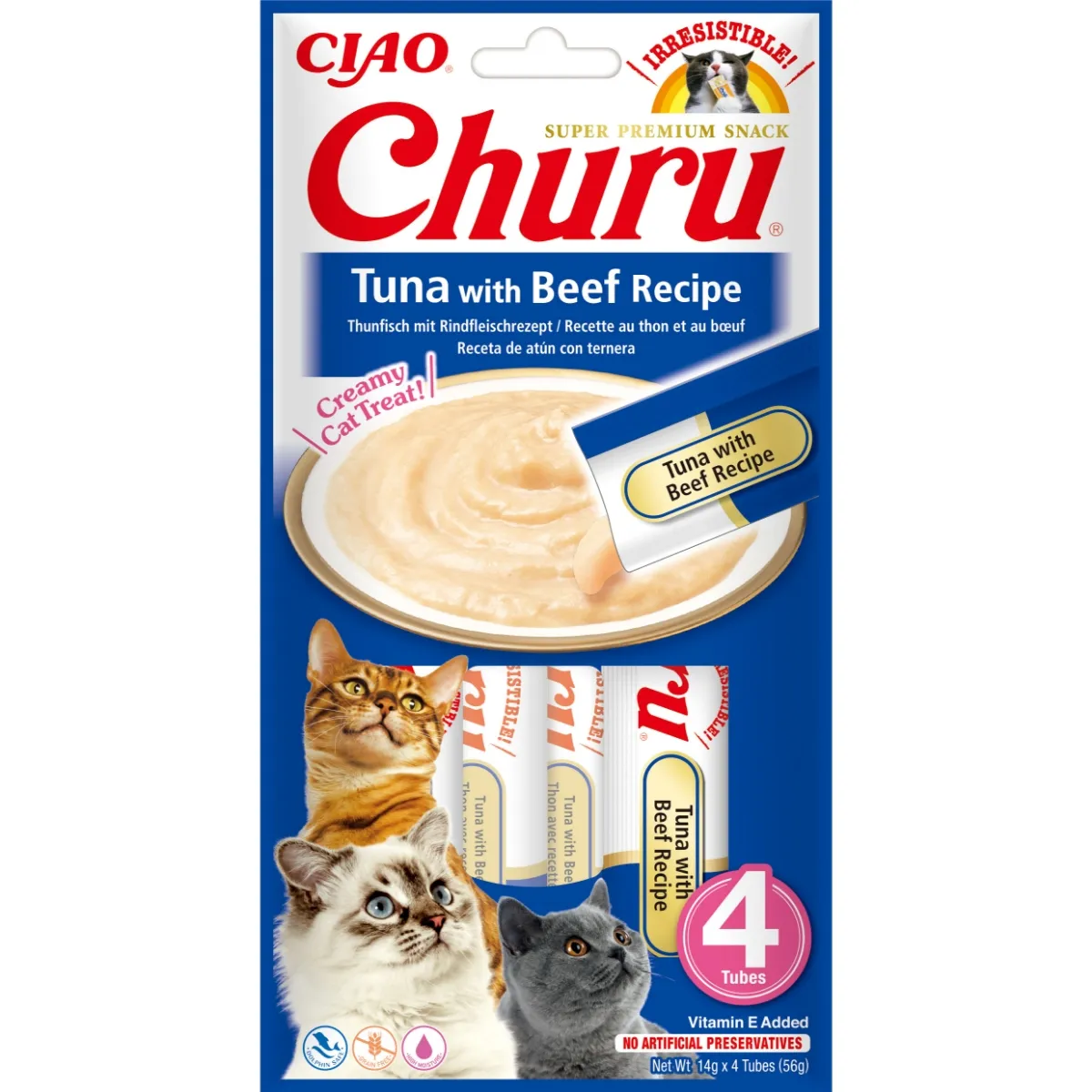 Recompense - Recompense pentru pisici Inaba Ciao Churu, Piure, Ton si vita, 4 x 14g